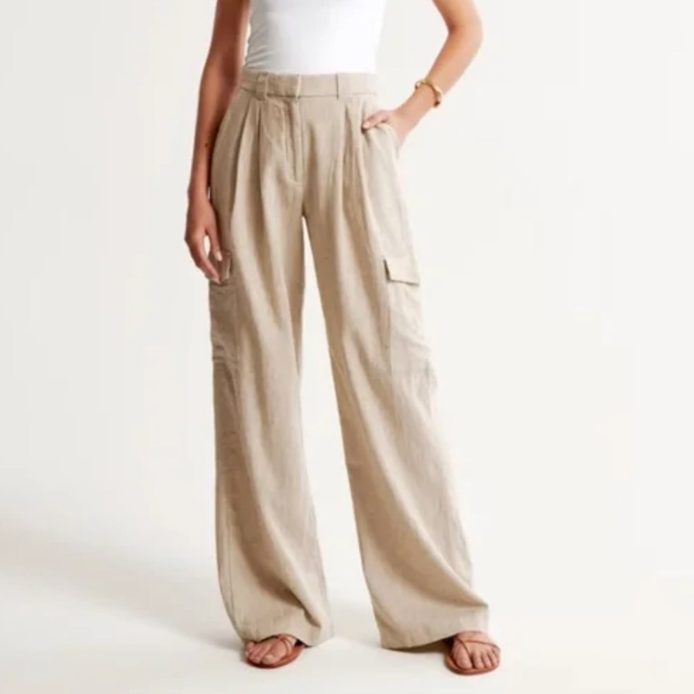 Abercrombie linen blend cotton cargo pleated ultra wide leg pants small beige